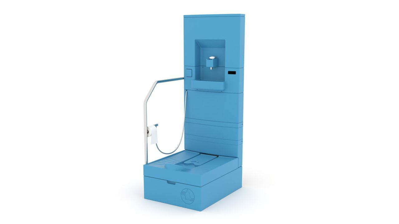 Eine blaue Trenntoilette.